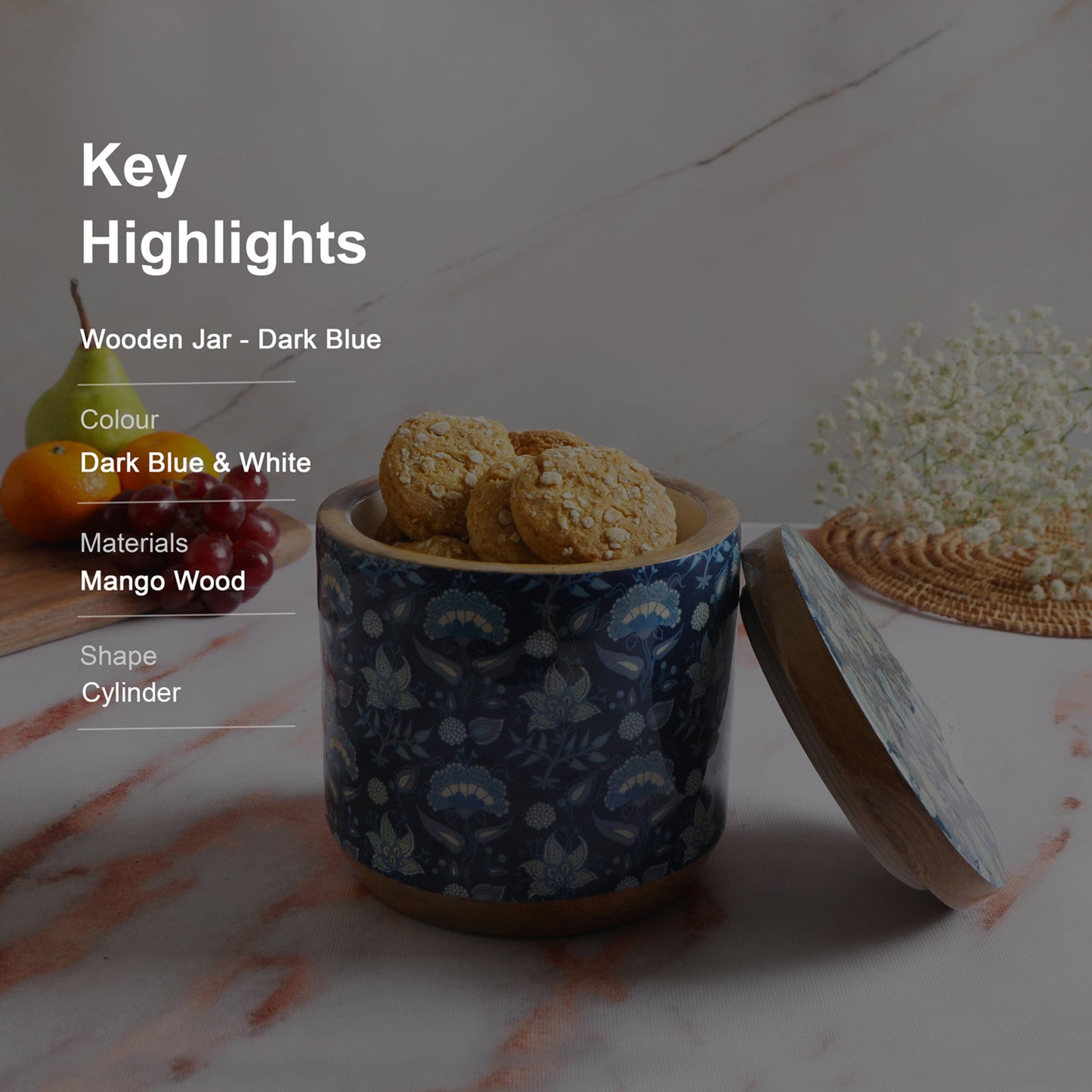 Blue Printed Enamel Mango Wooden Jar