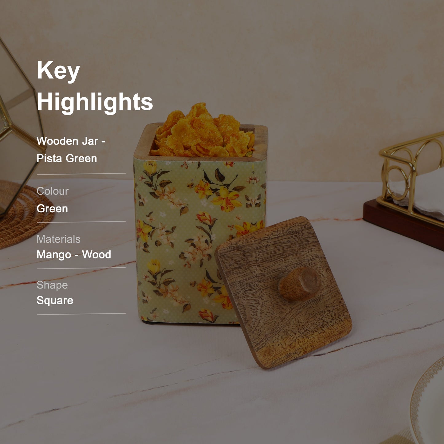 Pista Green printed enamel mango Wooden Jar