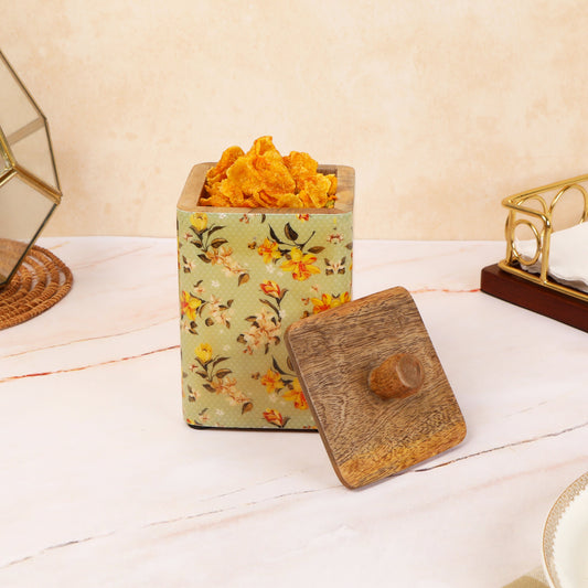 Pista Green printed enamel mango Wooden Jar