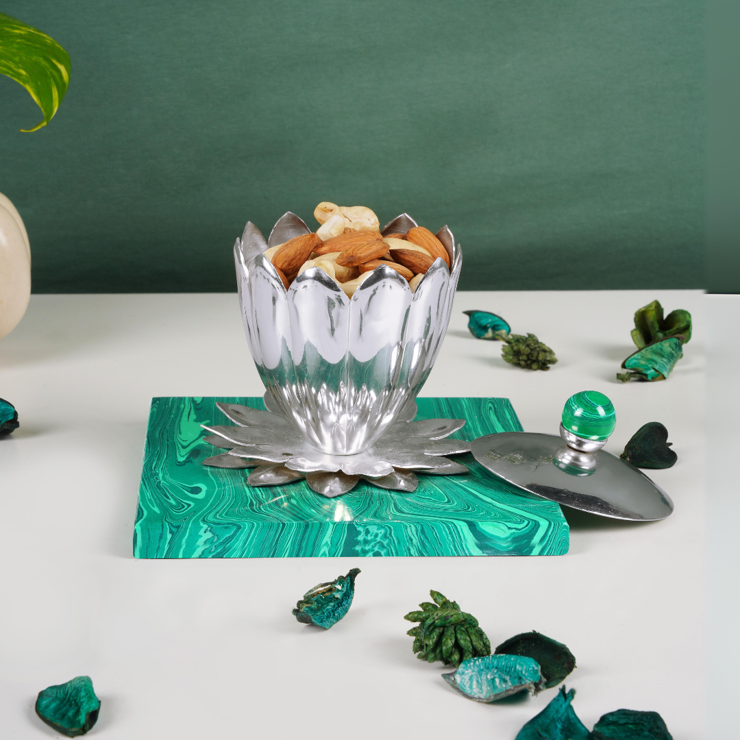 Green Malachite Base With Brass Silver Plated Jar