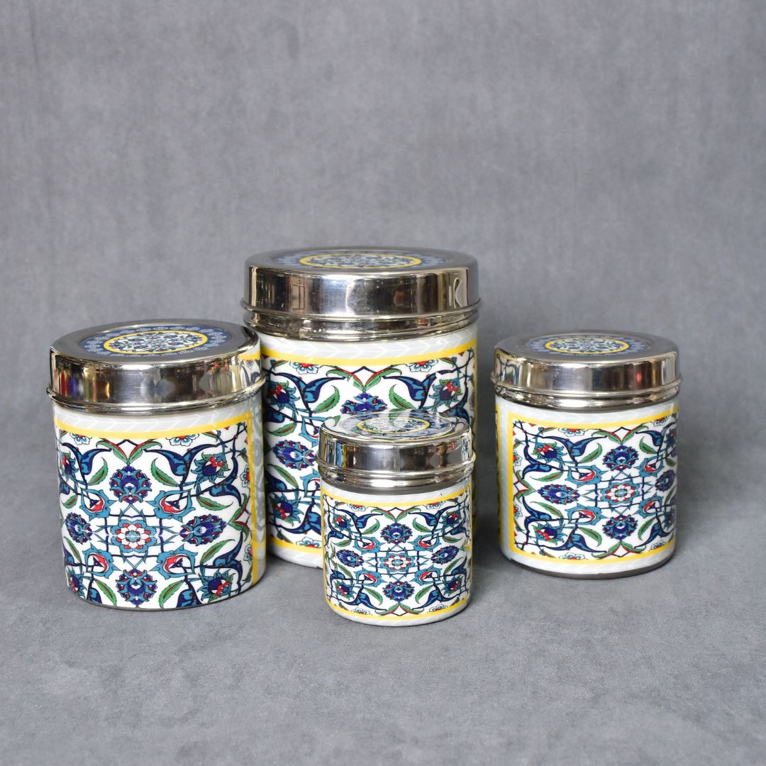 Stainless Steel Blue Abstract Printed Enamel Jar Set Of 4