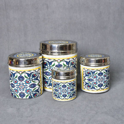 Stainless Steel Blue Abstract Printed Enamel Jar Set Of 4