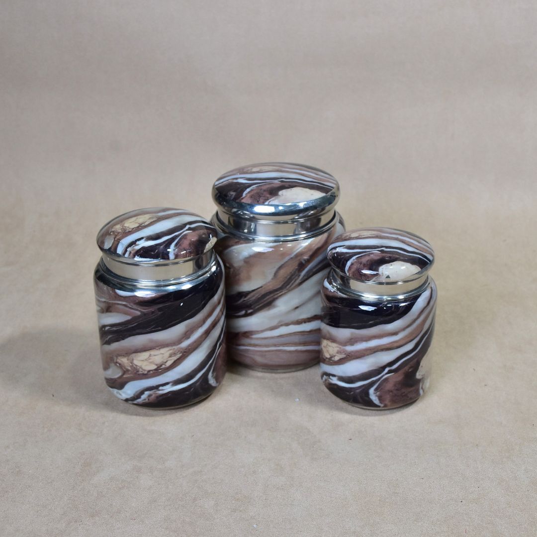 Stainless Steel Brown Marble Printed Enamel Jar Set Of 3