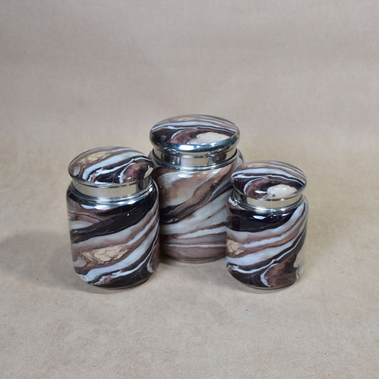 Stainless Steel Brown Marble Printed Enamel Jar Set Of 3