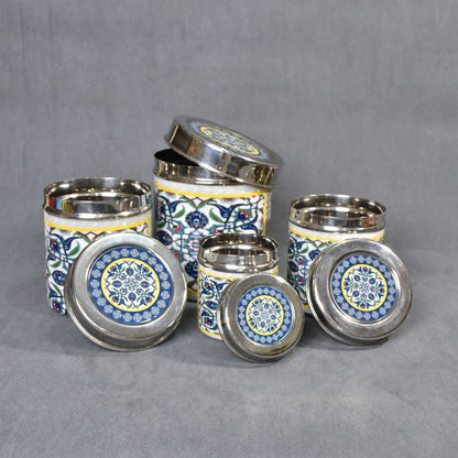 Stainless Steel Blue Abstract Printed Enamel Jar Set Of 4