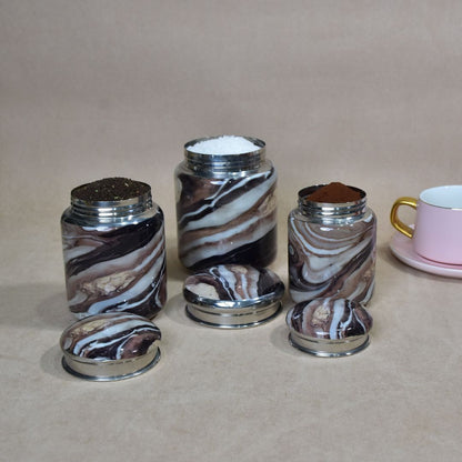Stainless Steel Brown Marble Printed Enamel Jar Set Of 3