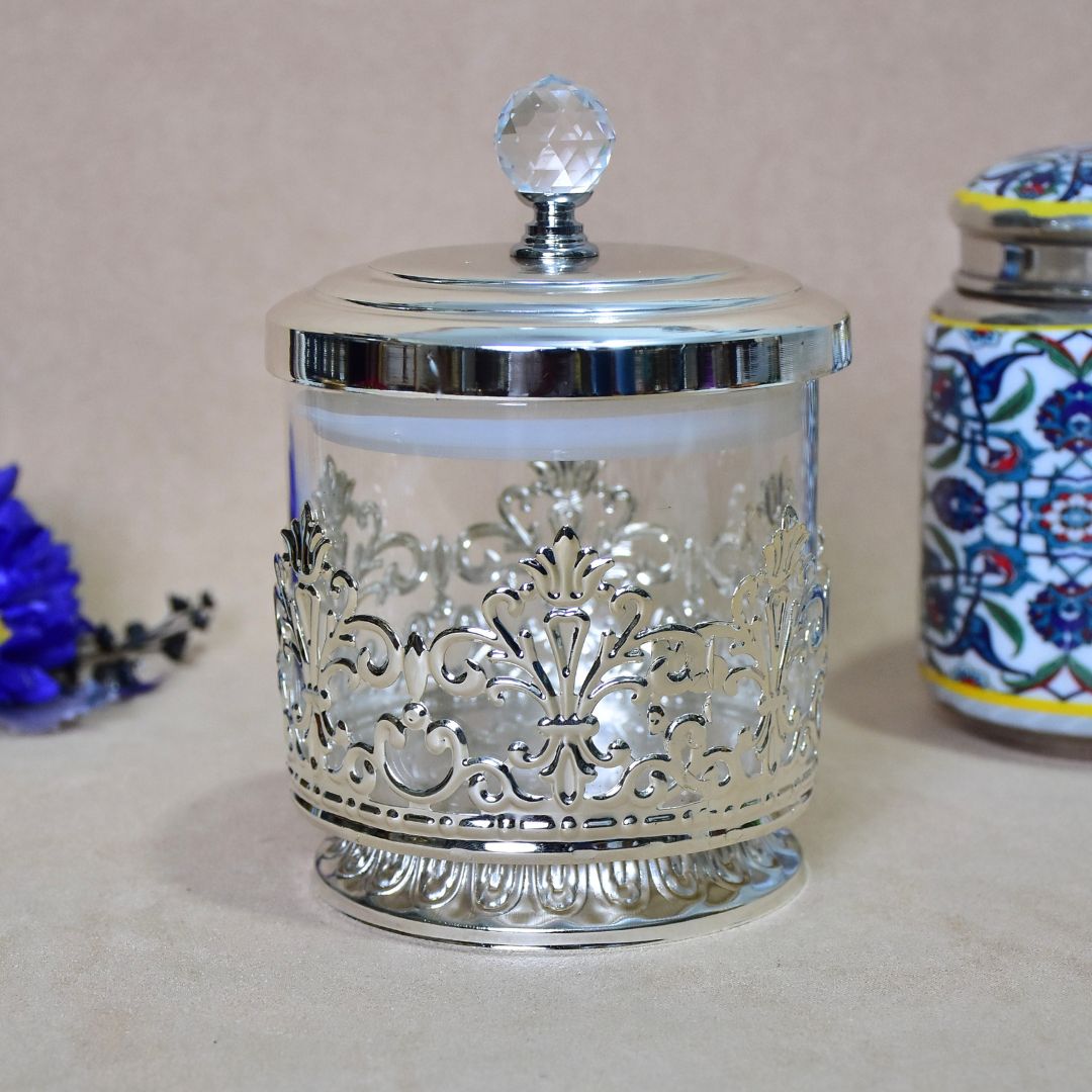 White Metal Glass Jar Large