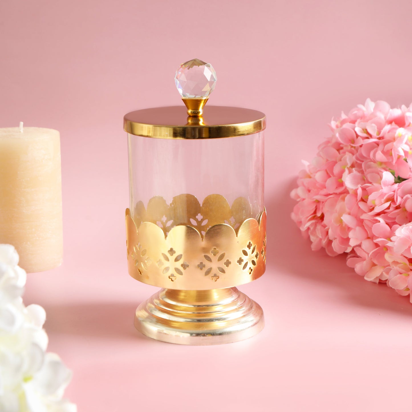 Large Glass Jar With Gold Metal Lid & Base - Gold