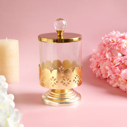 Large Glass Jar With Gold Metal Lid & Base - Gold