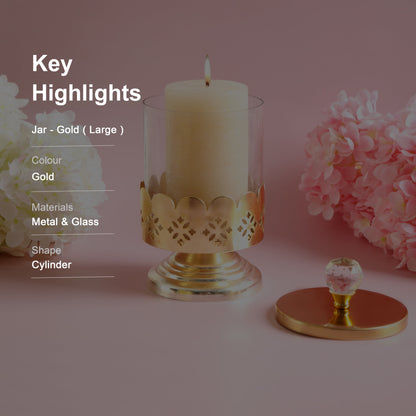 Large Glass Jar With Gold Metal Lid & Base - Gold