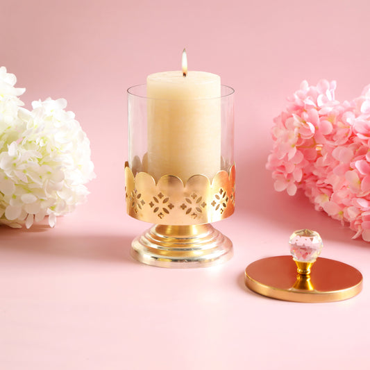 Large Glass Jar With Gold Metal Lid & Base - Gold