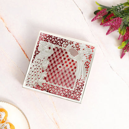 Resin Box With Brass Silver Plated Peacock Design Cut Lid