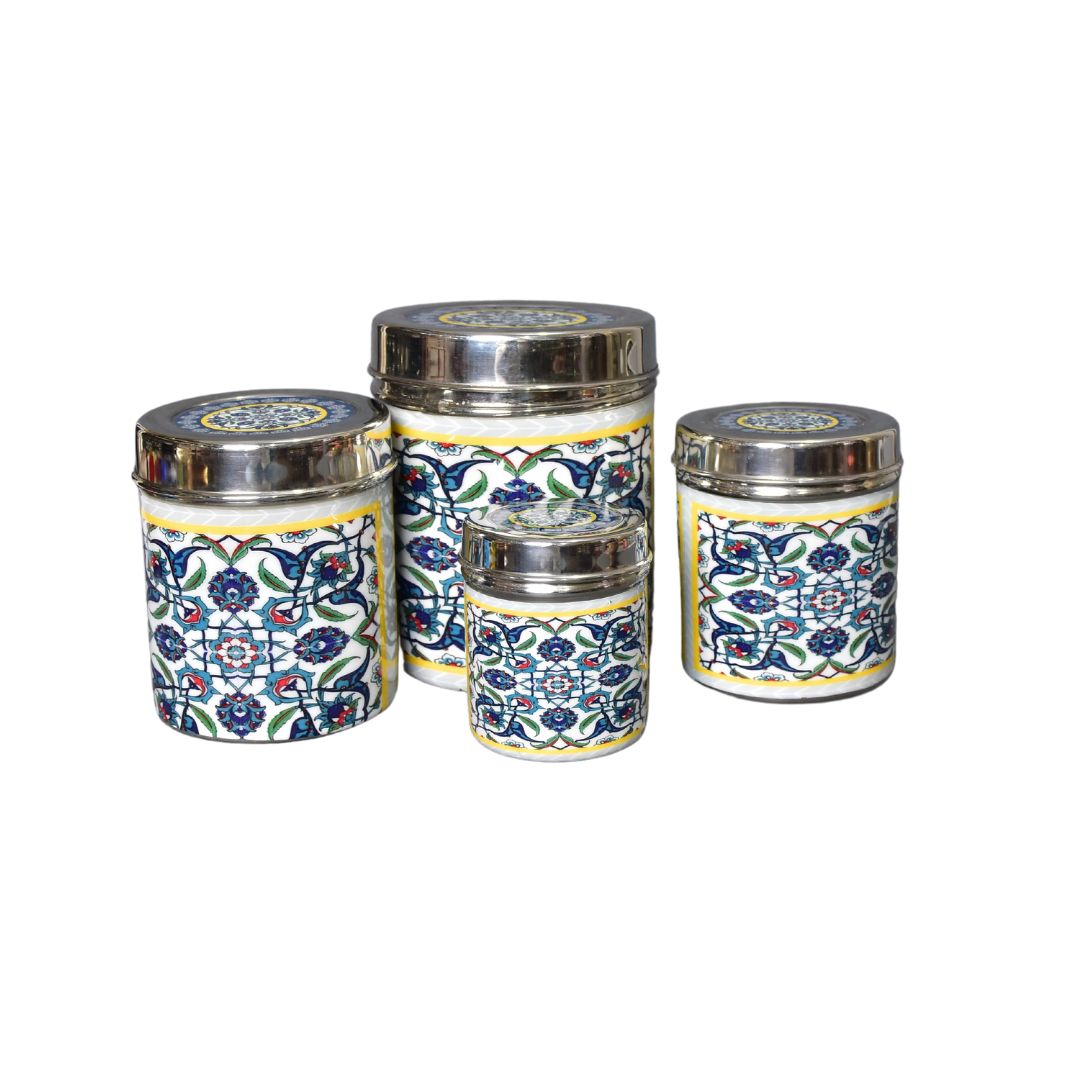 Stainless Steel Blue Abstract Printed Enamel Jar Set Of 4