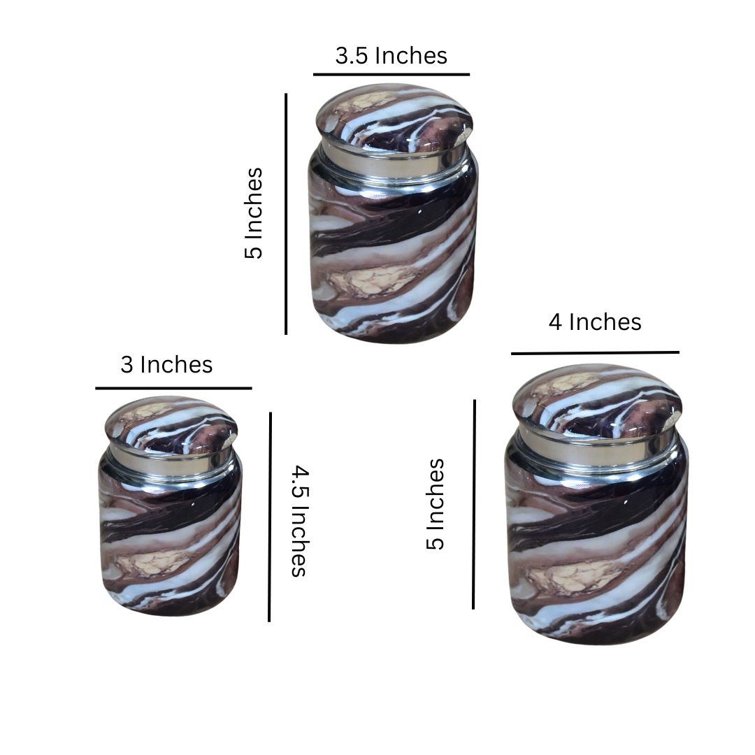 Stainless Steel Brown Marble Printed Enamel Jar Set Of 3