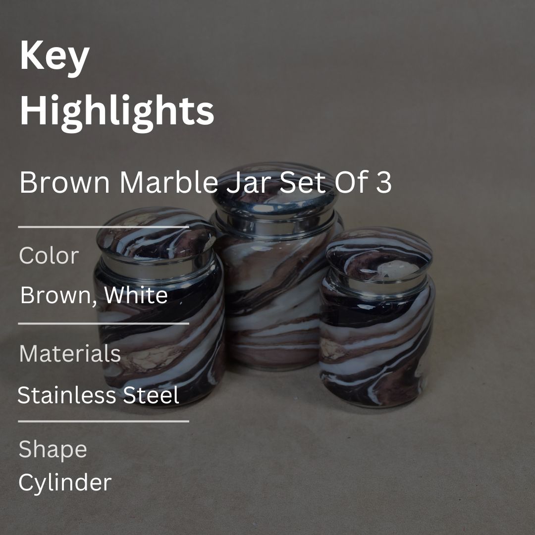 Stainless Steel Brown Marble Printed Enamel Jar Set Of 3
