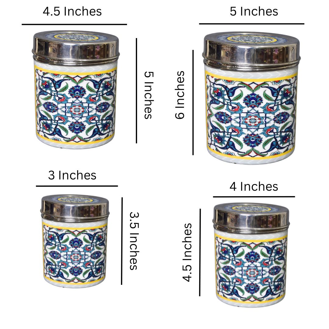 Stainless Steel Blue Abstract Printed Enamel Jar Set Of 4