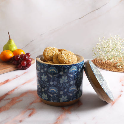 Blue Printed Enamel Mango Wooden Jar