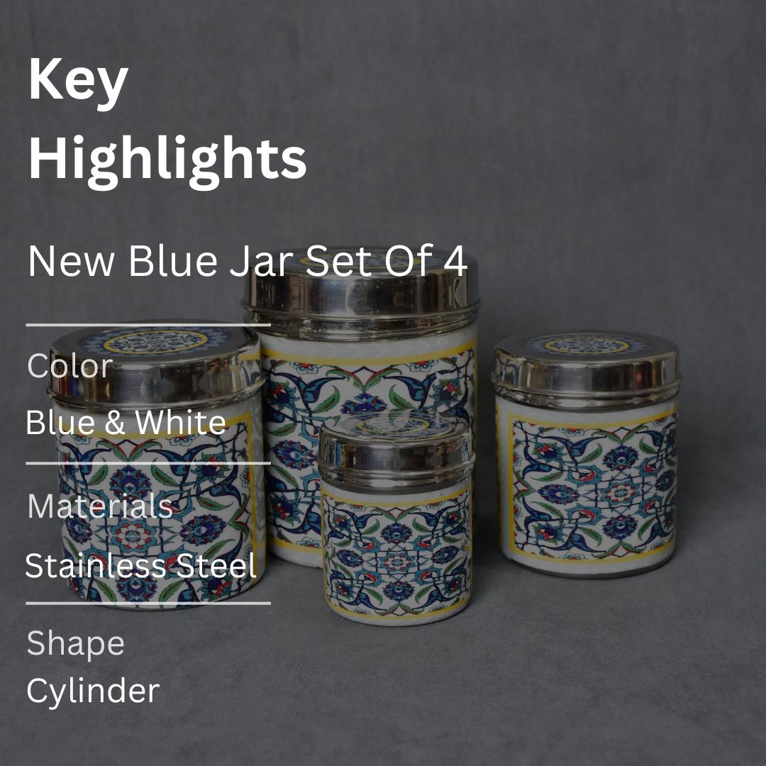 Stainless Steel Blue Abstract Printed Enamel Jar Set Of 4